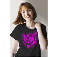 Gül Desenli Neon Pembesi %100 Pamuklu 1. Sınıf Tişört - T-Shirt