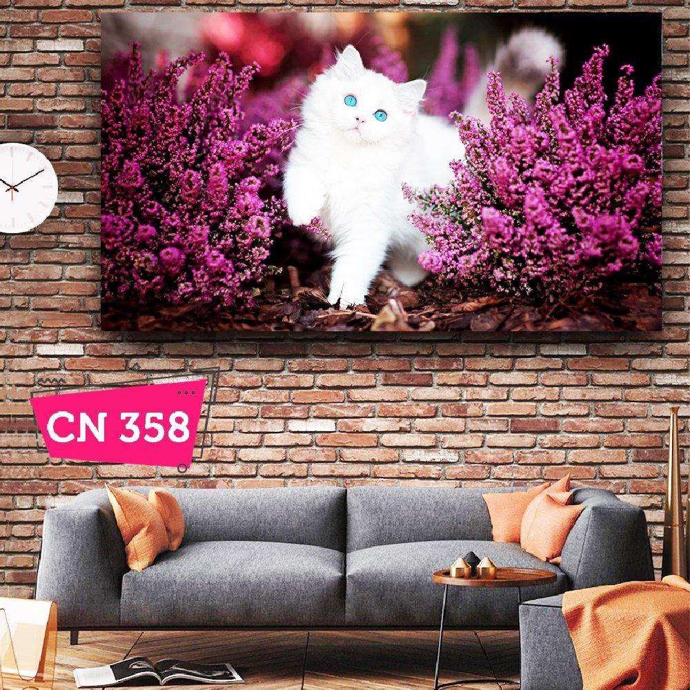 Mor Çiçekler ve Beyaz Yavru Kedi / Doğa &amp; Manzara Tabloları 37.29 TL